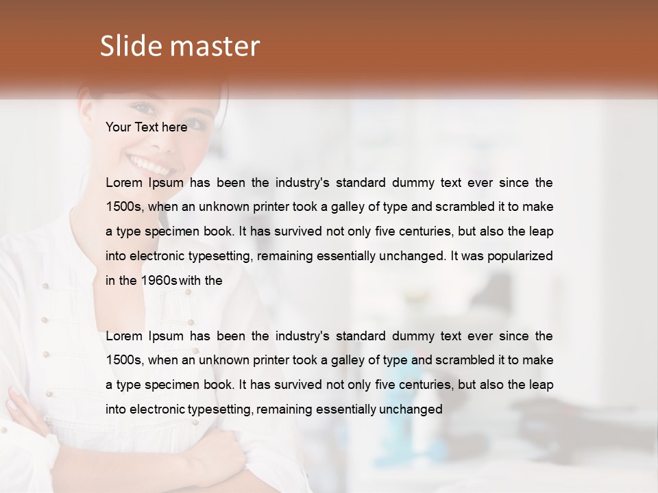 A Woman In A White Shirt Is Standing With Her Arms Crossed PowerPoint Template