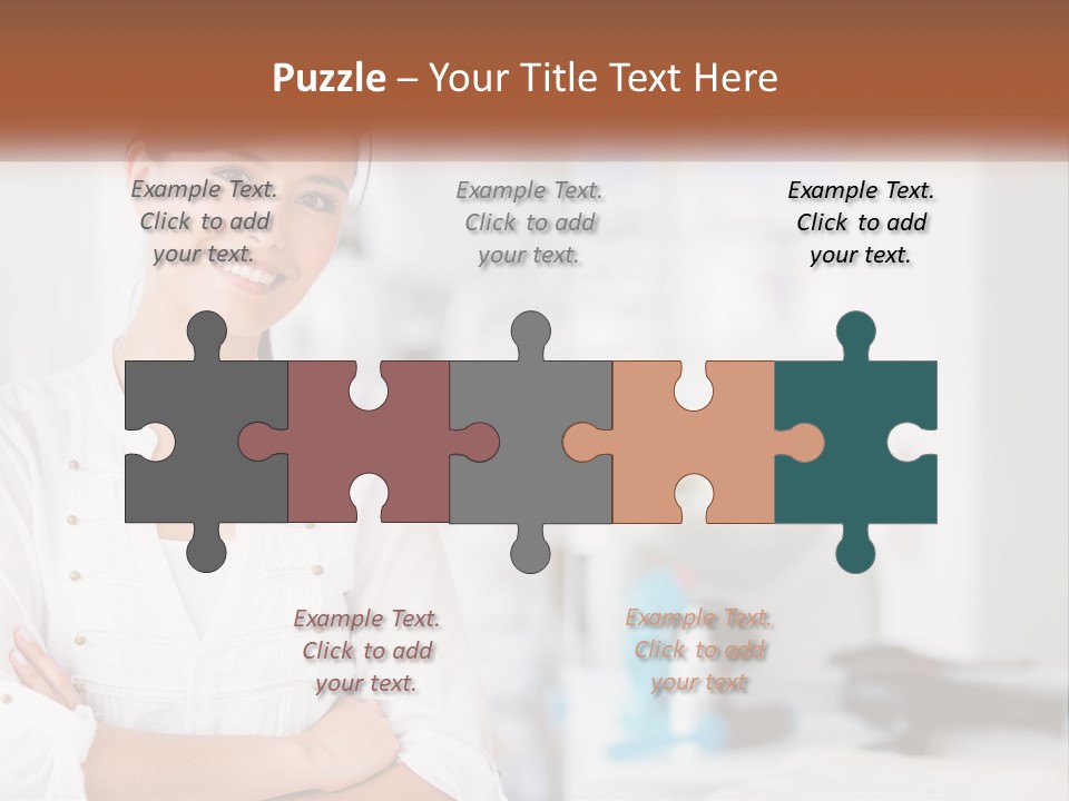 A Woman In A White Shirt Is Standing With Her Arms Crossed PowerPoint Template