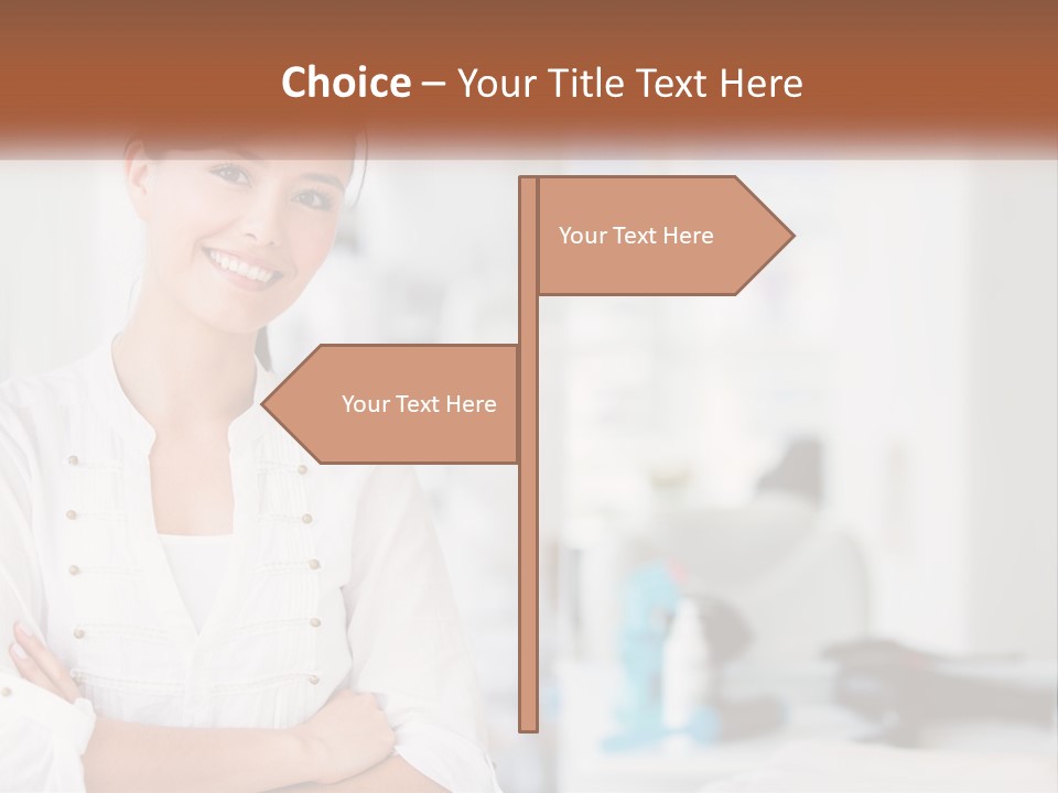 A Woman In A White Shirt Is Standing With Her Arms Crossed PowerPoint Template