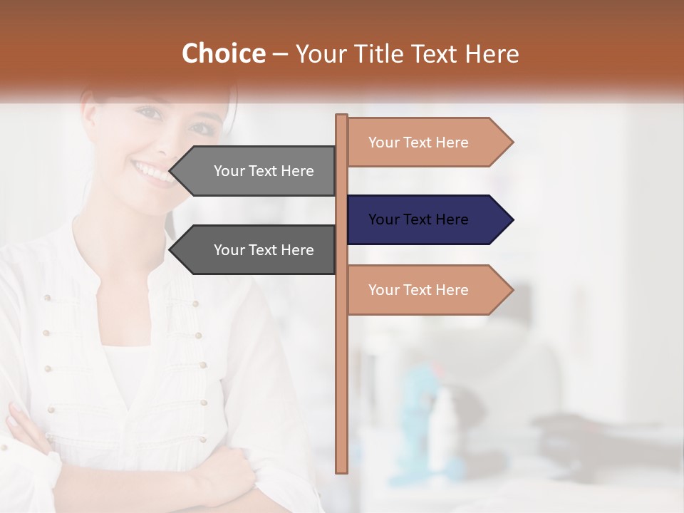 A Woman In A White Shirt Is Standing With Her Arms Crossed PowerPoint Template