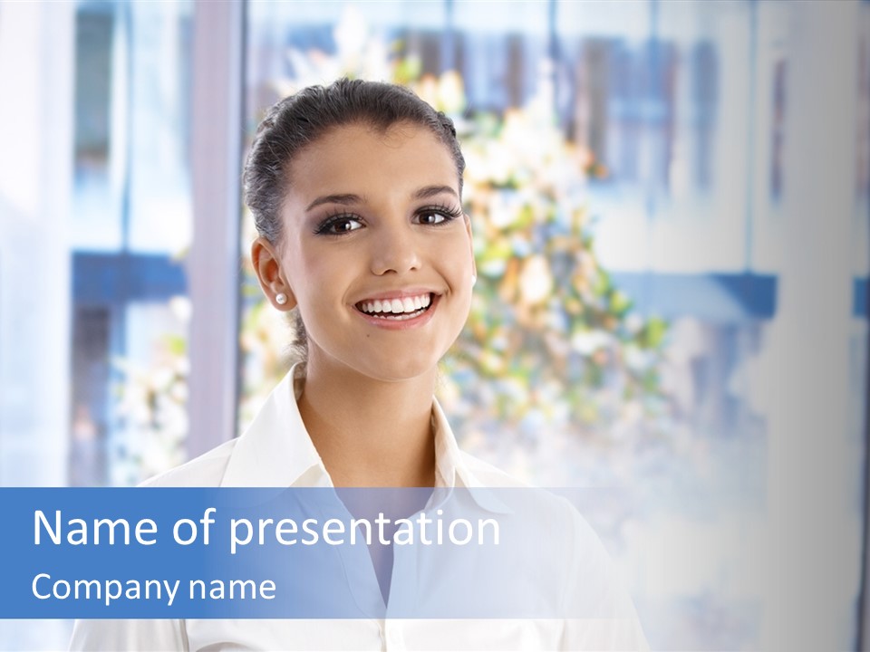 A Woman In A White Shirt Is Smiling PowerPoint Template