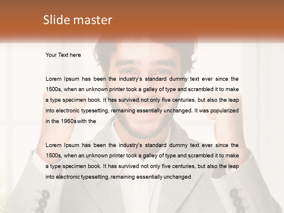 A Man In A Suit Is Holding His Fists Up PowerPoint Template