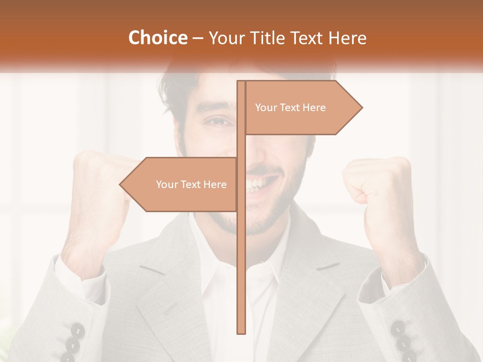 A Man In A Suit Is Holding His Fists Up PowerPoint Template