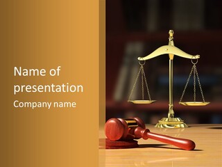 A Judge's Hammer And Scale On A Wooden Table PowerPoint Template