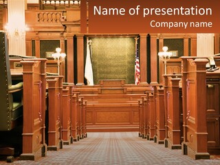 A Large Wooden Courtroom With A Flag On The Wall PowerPoint Template