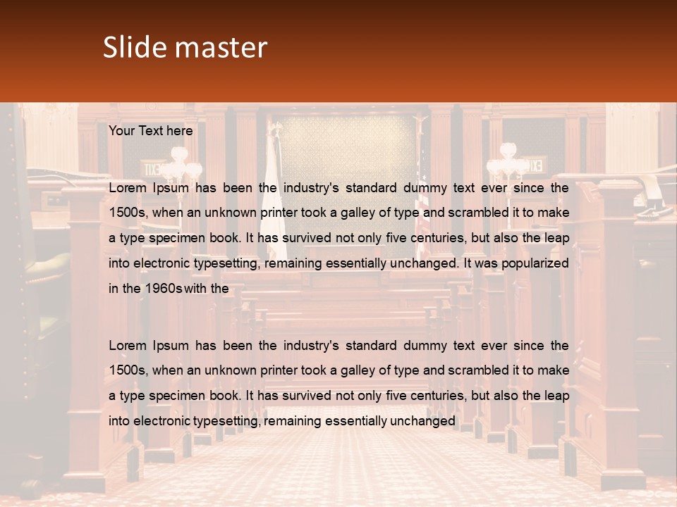 A Large Wooden Courtroom With A Flag On The Wall PowerPoint Template