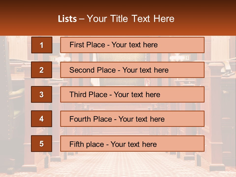 A Large Wooden Courtroom With A Flag On The Wall PowerPoint Template