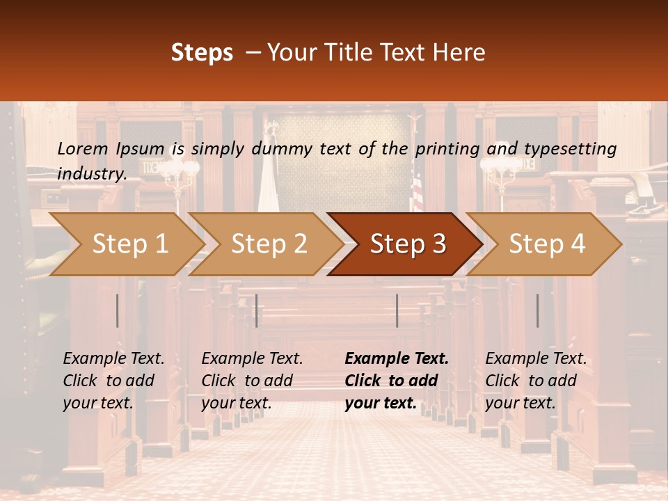 A Large Wooden Courtroom With A Flag On The Wall PowerPoint Template