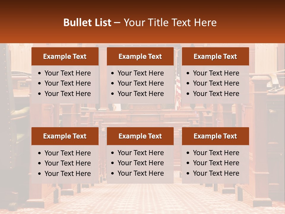 A Large Wooden Courtroom With A Flag On The Wall PowerPoint Template