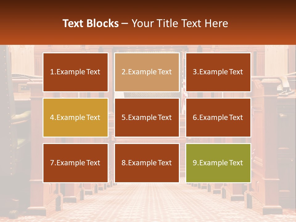 A Large Wooden Courtroom With A Flag On The Wall PowerPoint Template