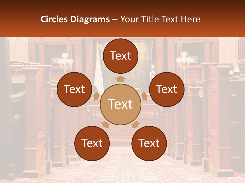 A Large Wooden Courtroom With A Flag On The Wall PowerPoint Template