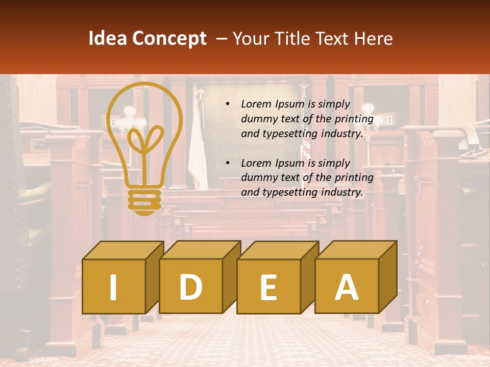 A Large Wooden Courtroom With A Flag On The Wall PowerPoint Template