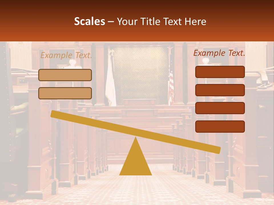 A Large Wooden Courtroom With A Flag On The Wall PowerPoint Template