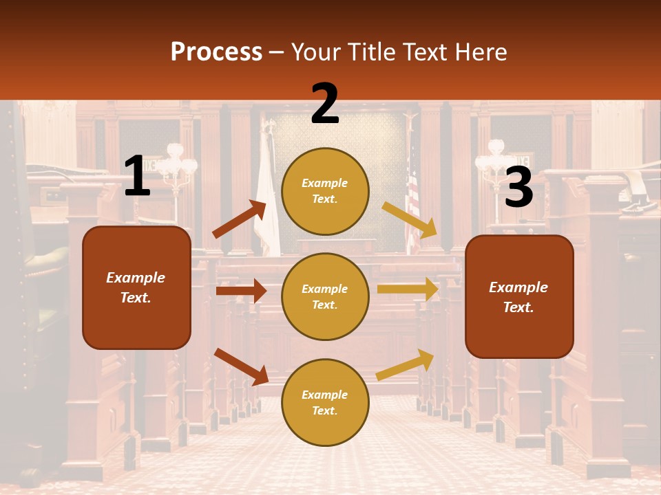 A Large Wooden Courtroom With A Flag On The Wall PowerPoint Template