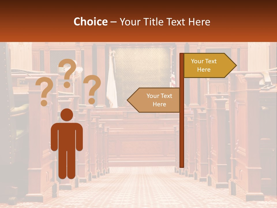 A Large Wooden Courtroom With A Flag On The Wall PowerPoint Template