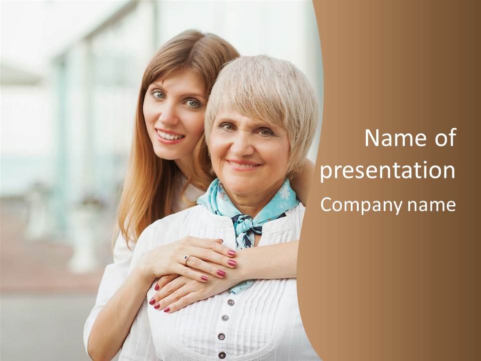 Two Women Hugging Each Other In Front Of A Building PowerPoint Template