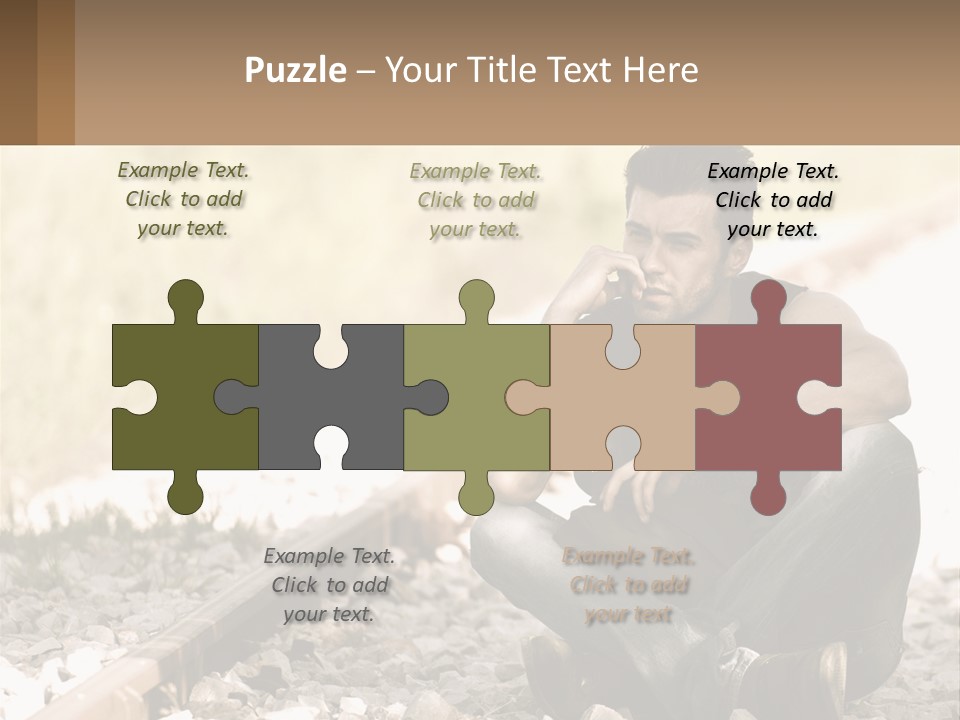 A Man Sitting On A Train Track Talking On A Cell Phone PowerPoint Template