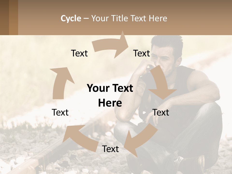 A Man Sitting On A Train Track Talking On A Cell Phone PowerPoint Template