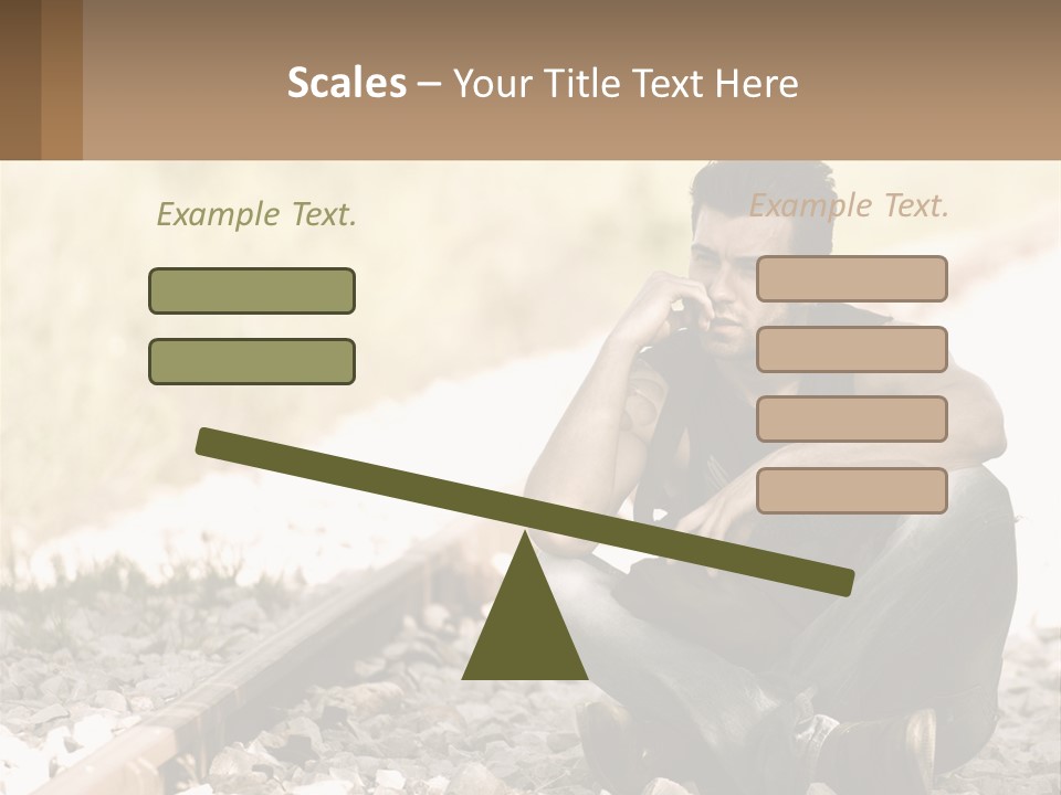 A Man Sitting On A Train Track Talking On A Cell Phone PowerPoint Template