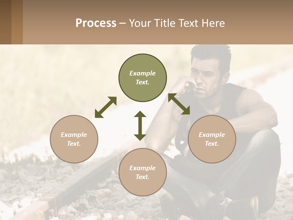 A Man Sitting On A Train Track Talking On A Cell Phone PowerPoint Template