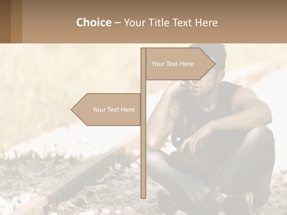 A Man Sitting On A Train Track Talking On A Cell Phone PowerPoint Template