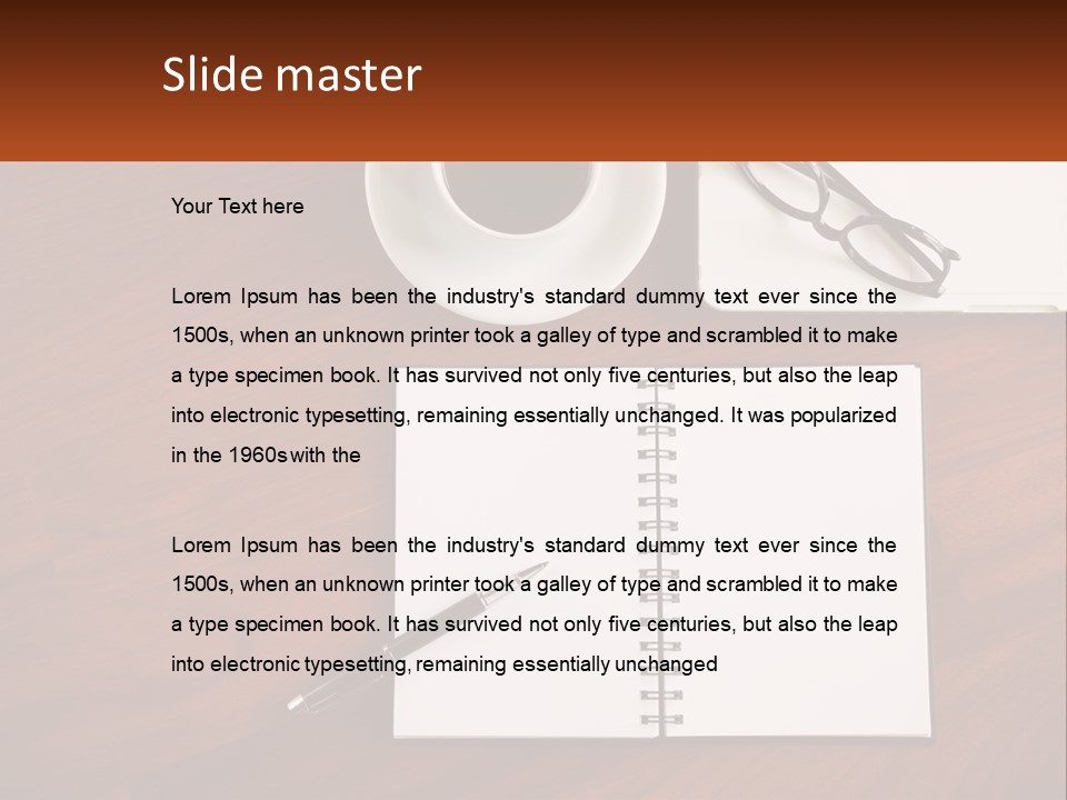 A Desk With A Notepad, Pen And A Cup Of Coffee PowerPoint Template