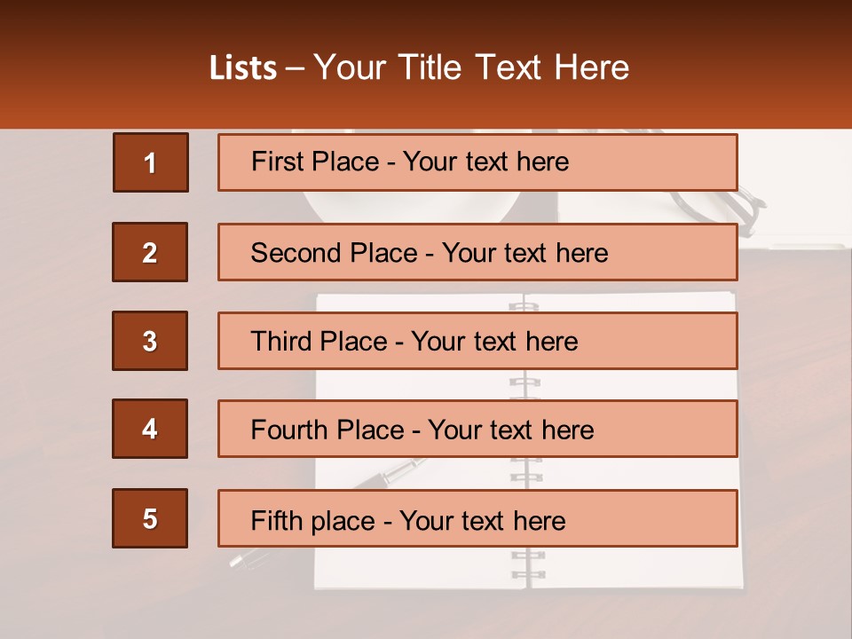 A Desk With A Notepad, Pen And A Cup Of Coffee PowerPoint Template