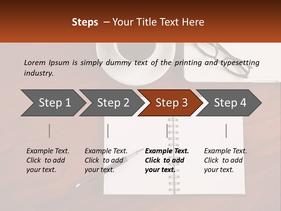 A Desk With A Notepad, Pen And A Cup Of Coffee PowerPoint Template