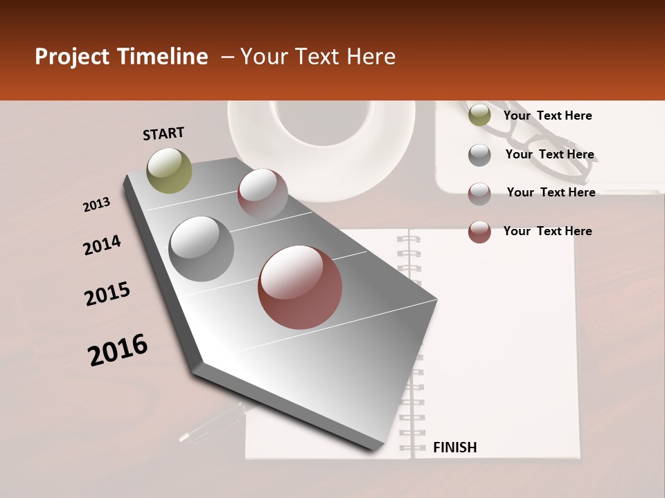 A Desk With A Notepad, Pen And A Cup Of Coffee PowerPoint Template
