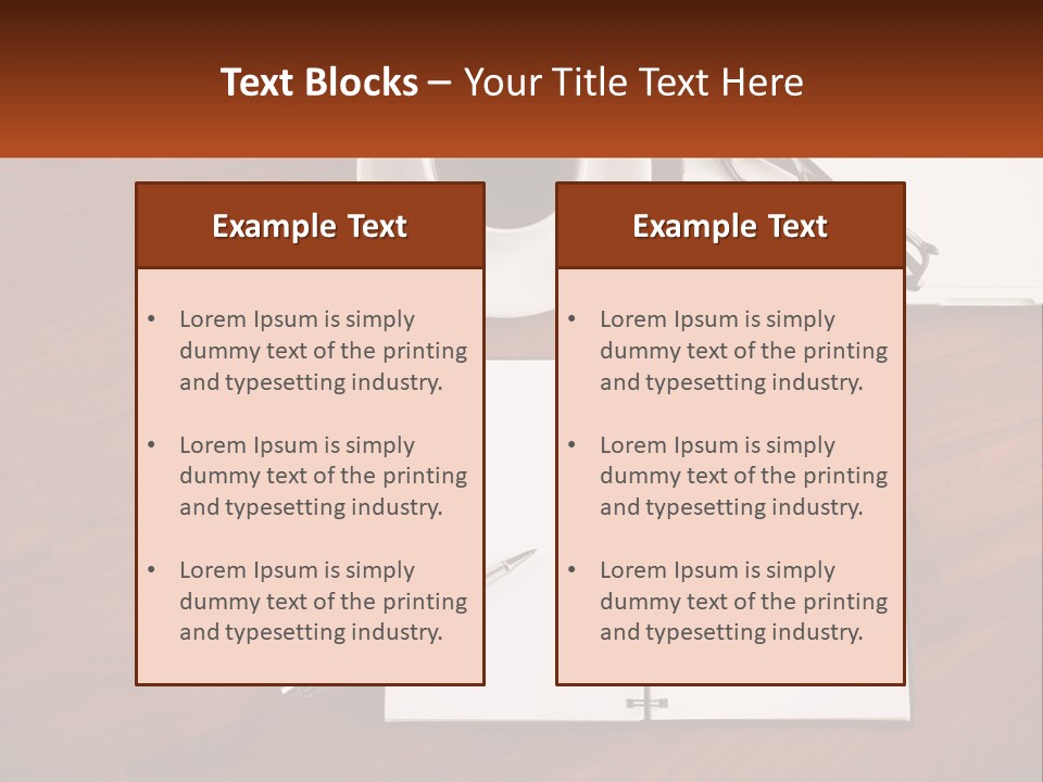 A Desk With A Notepad, Pen And A Cup Of Coffee PowerPoint Template