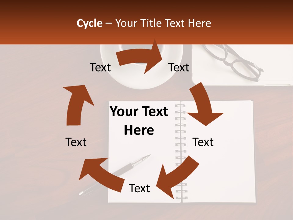 A Desk With A Notepad, Pen And A Cup Of Coffee PowerPoint Template