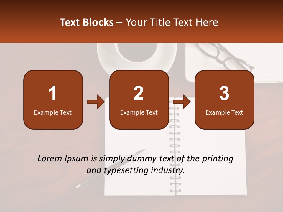 A Desk With A Notepad, Pen And A Cup Of Coffee PowerPoint Template