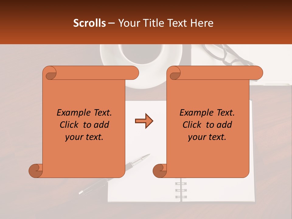 A Desk With A Notepad, Pen And A Cup Of Coffee PowerPoint Template