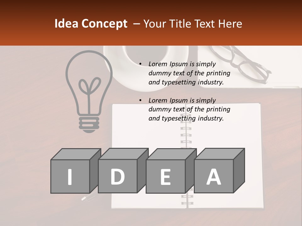 A Desk With A Notepad, Pen And A Cup Of Coffee PowerPoint Template