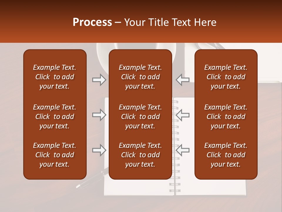 A Desk With A Notepad, Pen And A Cup Of Coffee PowerPoint Template