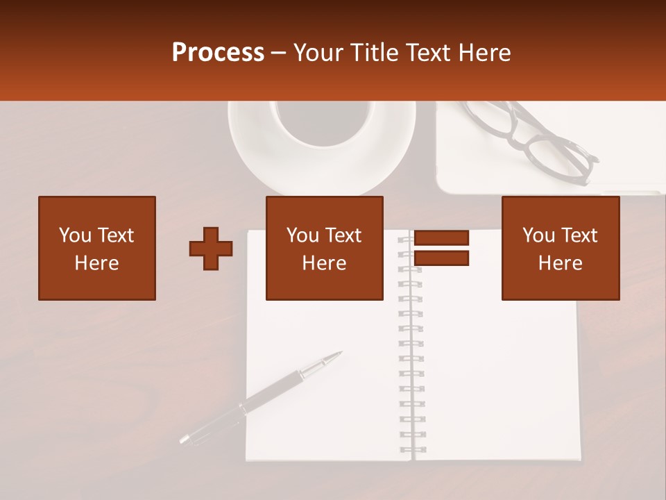 A Desk With A Notepad, Pen And A Cup Of Coffee PowerPoint Template