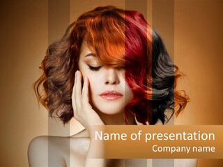 A Woman With Red And Black Hair Is Holding Her Hands To Her Face PowerPoint Template