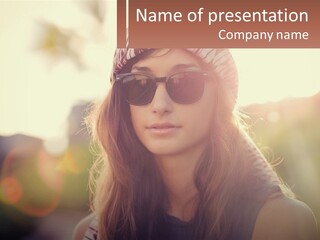 A Woman Wearing Sunglasses And A Hat With The Words Name Of Presentation Company Name PowerPoint Template