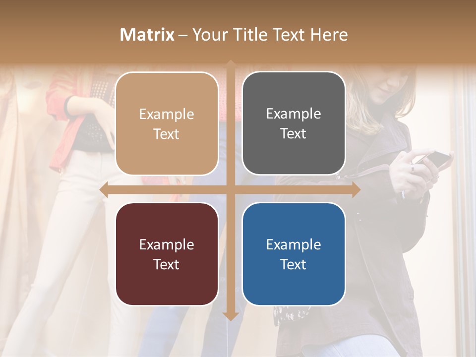 A Woman Looking At Her Cell Phone In Front Of Mannequins PowerPoint Template