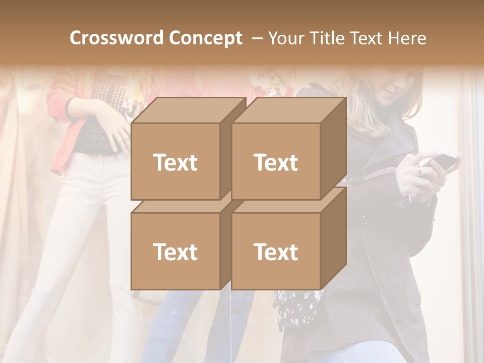 A Woman Looking At Her Cell Phone In Front Of Mannequins PowerPoint Template