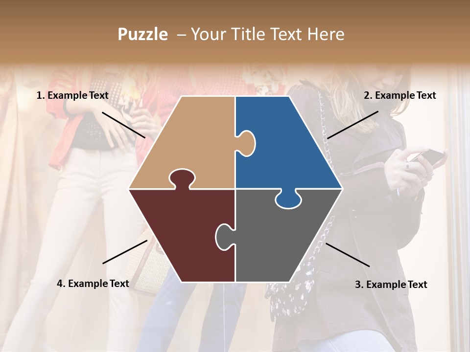 A Woman Looking At Her Cell Phone In Front Of Mannequins PowerPoint Template