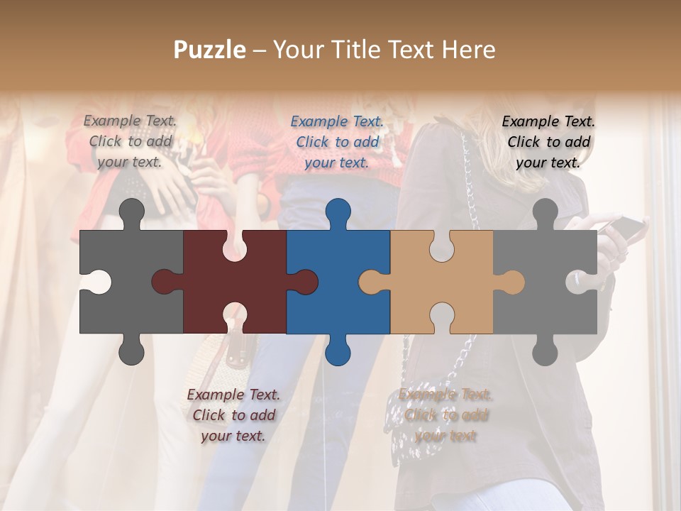 A Woman Looking At Her Cell Phone In Front Of Mannequins PowerPoint Template