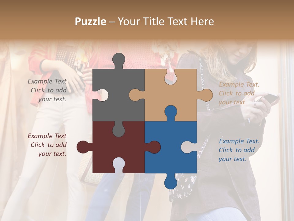 A Woman Looking At Her Cell Phone In Front Of Mannequins PowerPoint Template