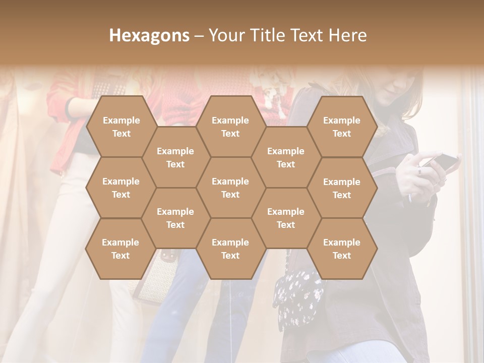 A Woman Looking At Her Cell Phone In Front Of Mannequins PowerPoint Template