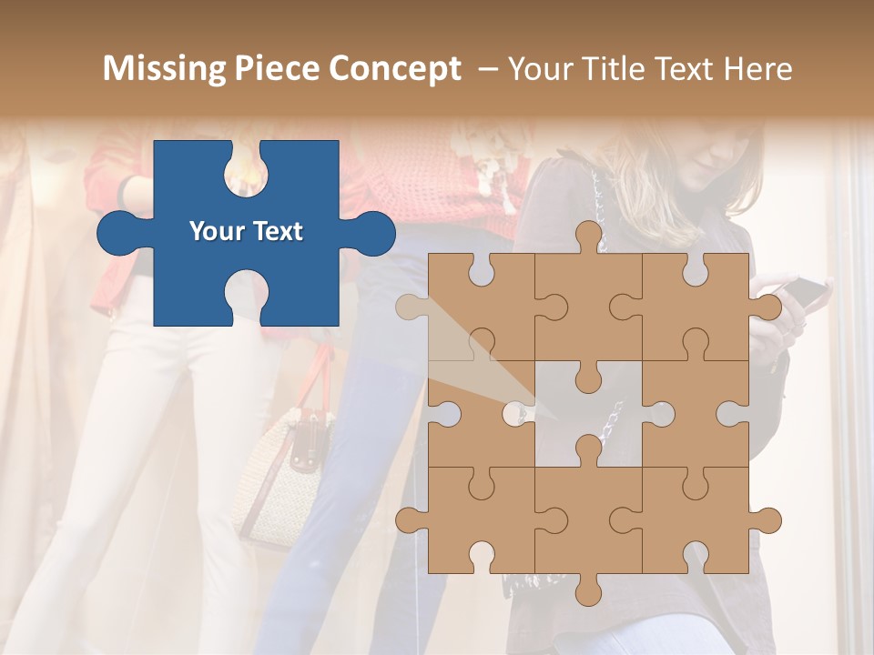 A Woman Looking At Her Cell Phone In Front Of Mannequins PowerPoint Template