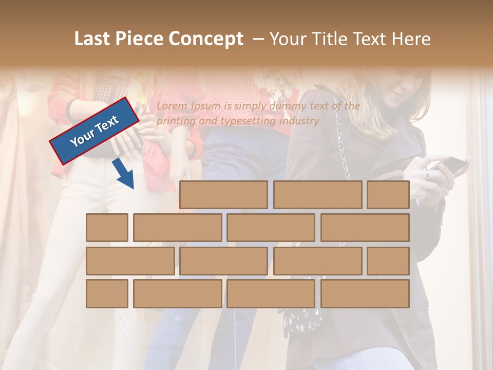 A Woman Looking At Her Cell Phone In Front Of Mannequins PowerPoint Template