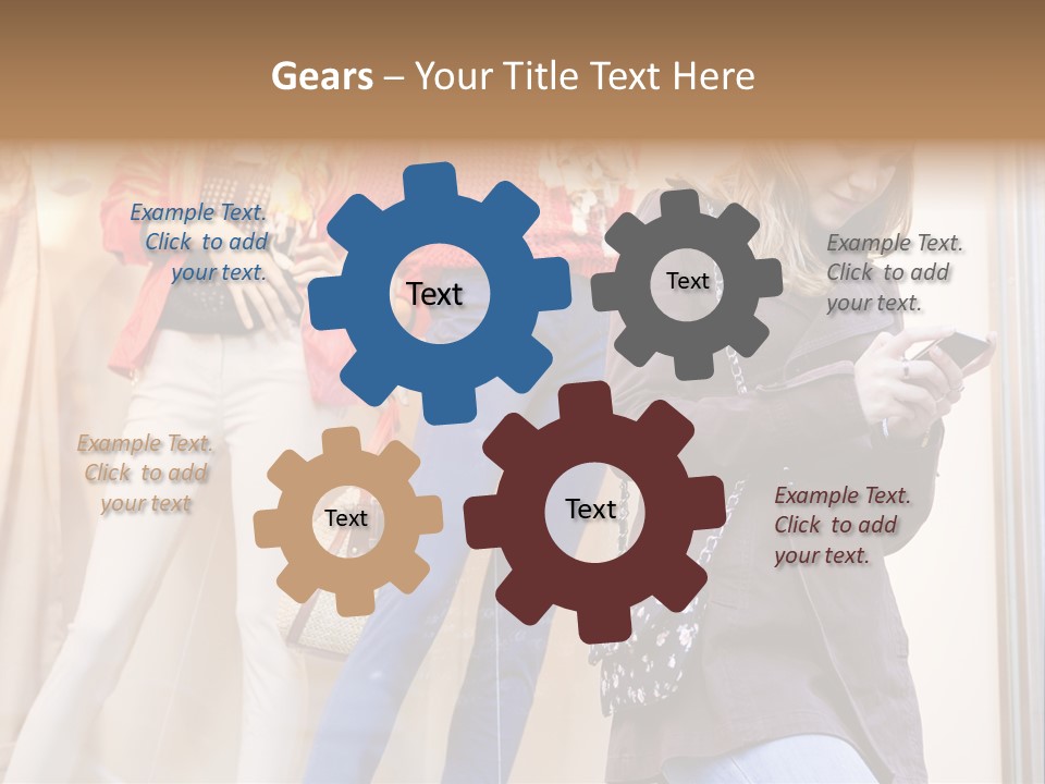 A Woman Looking At Her Cell Phone In Front Of Mannequins PowerPoint Template