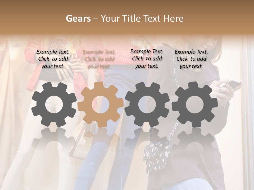 A Woman Looking At Her Cell Phone In Front Of Mannequins PowerPoint Template