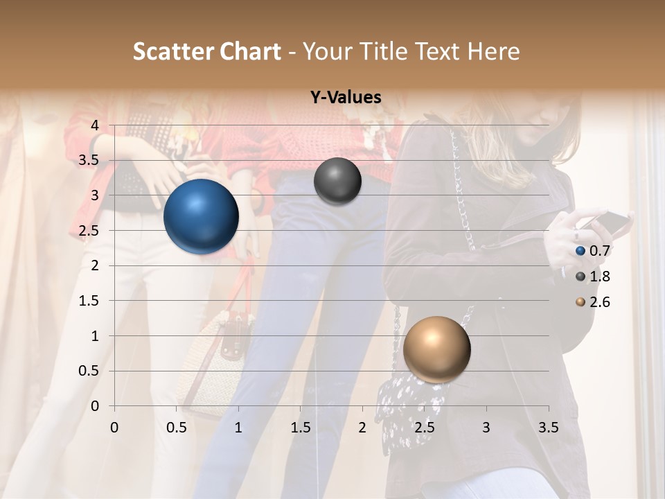 A Woman Looking At Her Cell Phone In Front Of Mannequins PowerPoint Template