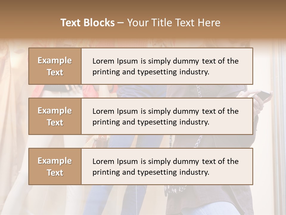 A Woman Looking At Her Cell Phone In Front Of Mannequins PowerPoint Template